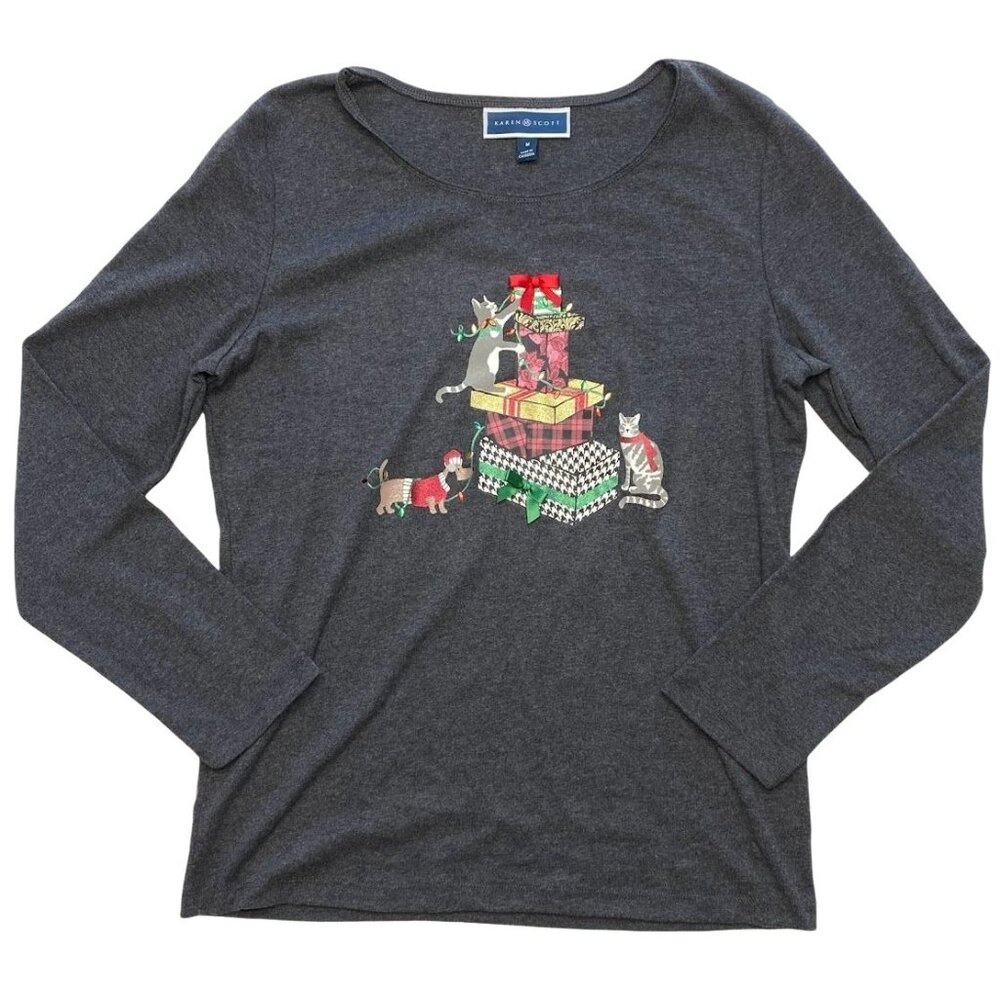Karen Scott Glitter Top Women's PETITE SMALL Gray CAT DOG Seasonal Graphic‎ NEW